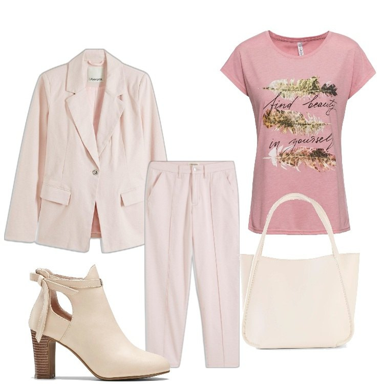 Outfit donna - Primavera tenue. Stile Casual chic per Ufficio. Abbinamento con t-shirt, stivaletti, blazer, pantaloni, shopping bag.