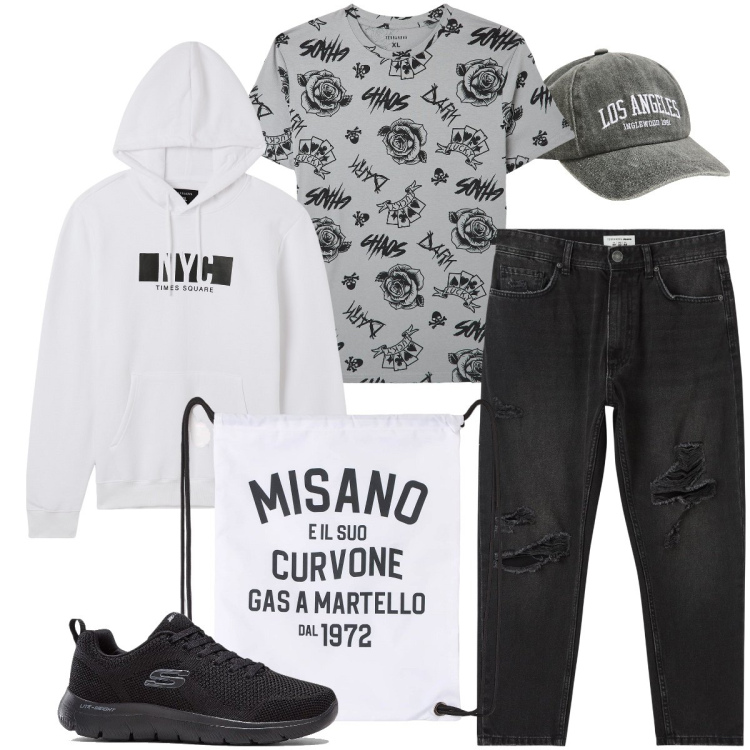 Outfit uomo - Trasferta sportiva. Stile Casual per Tutti i giorni. Abbinamento con sneakers, borse sportive, jeans strappati, t-shirt, cappelli, felpe con cappuccio.