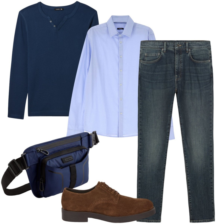 Outfit uomo - Commissioni giornaliere. Stile Urban per Tutti i giorni. Abbinamento con t-shirt, camicie, scarpe stringate, borse sportive, jeans.