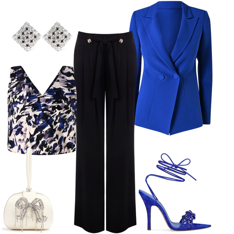 Outfit donna - Total look #2095188. Stile Chic per Tutti i giorni. Abbinamento con blazer, pantaloni, top, orecchini, pochette, sandali in pelle.