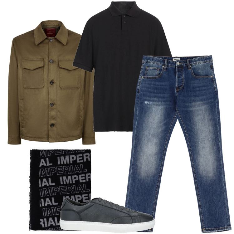 Outfit uomo - La polo nera. Stile Urban per Ufficio. Abbinamento con sneakers, polo, sciarpe, jeans dritti, giacche.