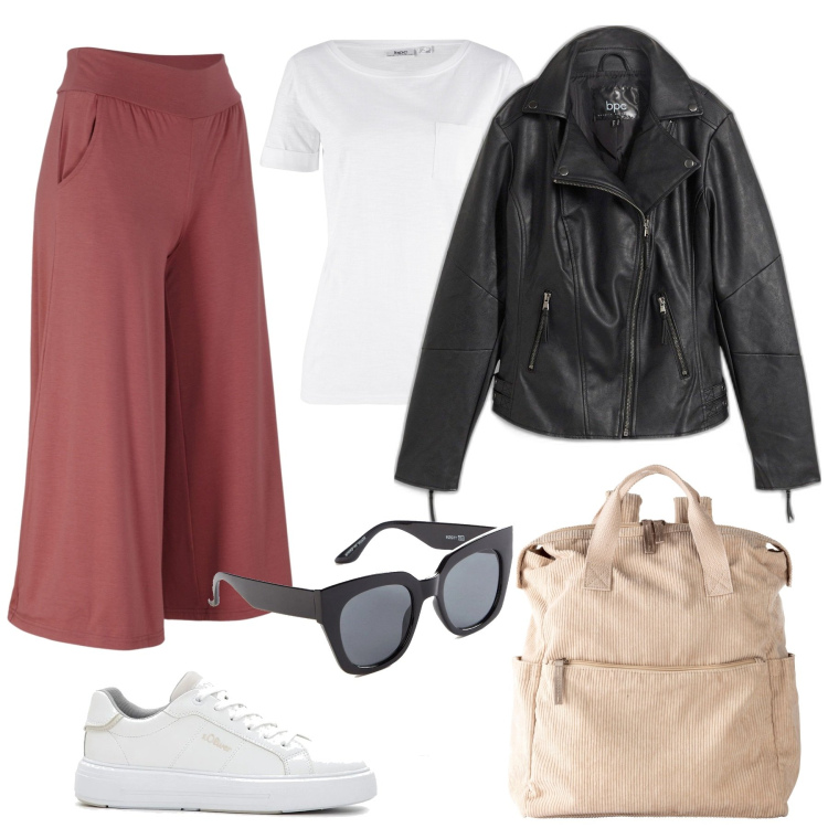 Outfit donna - Pantaloni bacca chiaro. Stile Trendy per Tutti i giorni. Abbinamento con pantaloni culotte, zaini, blazer, t-shirt, sneakers, occhiali da sole.
