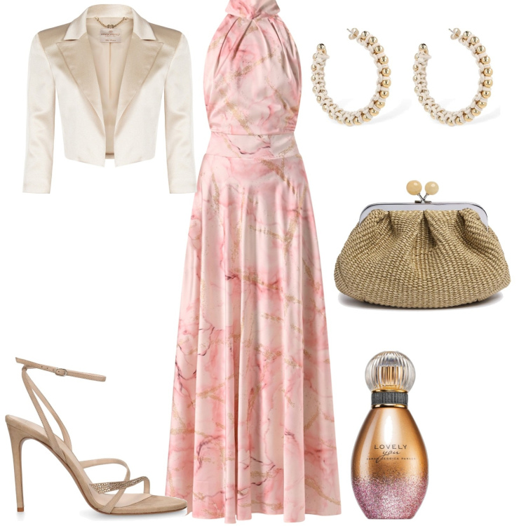 Outfit donna - Total look #2095195. Stile Chic per Cerimonia. Abbinamento con profumi, bolero, vestiti, orecchini, sandali in pelle, pochette.