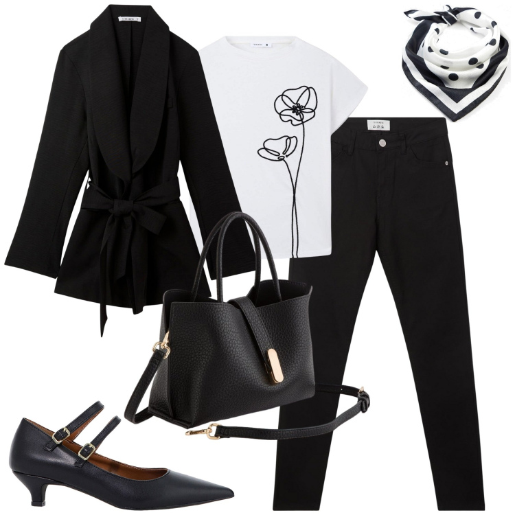Outfit donna - Total look #2095202. Stile Urban per Tutti i giorni. Abbinamento con foulard, blazer, t-shirt, pantaloni, décolleté, borse a mano.