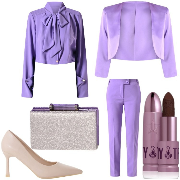 Outfit donna - Cerimonia in lilla. Stile Chic per Cerimonia. Abbinamento con rossetti, bluse, pantaloni, pochette, bolero, décolleté.