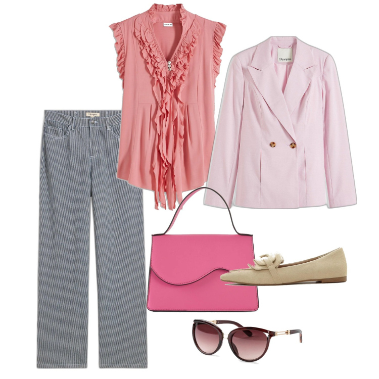 Outfit donna - bonprix - Colori e fantasie di tendenza. Stile Bon Ton per Tutti i giorni. Abbinamento con maglieria, mocassini, occhiali da sole, jeans dritti, blazer, borse a tracolla.