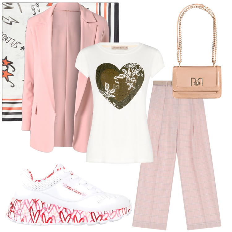 Outfit donna - Stile Senza Sforzo. Stile Basic per Tutti i giorni. Abbinamento con blazer, t-shirt, borse a tracolla, pantaloni a palazzo, sneakers, foulard.