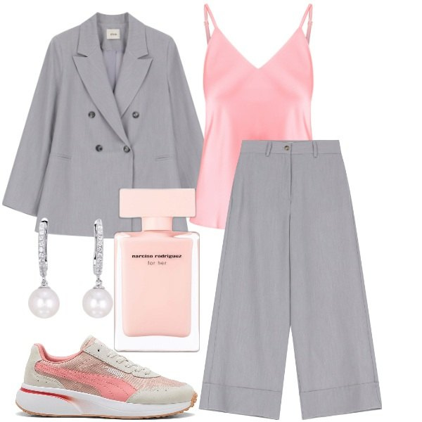 Outfit donna - Grigio e Rosa. Stile Romantica per Serata fuori. Abbinamento con profumi, orecchini, top, pantaloni a palazzo, blazer, sneakers.