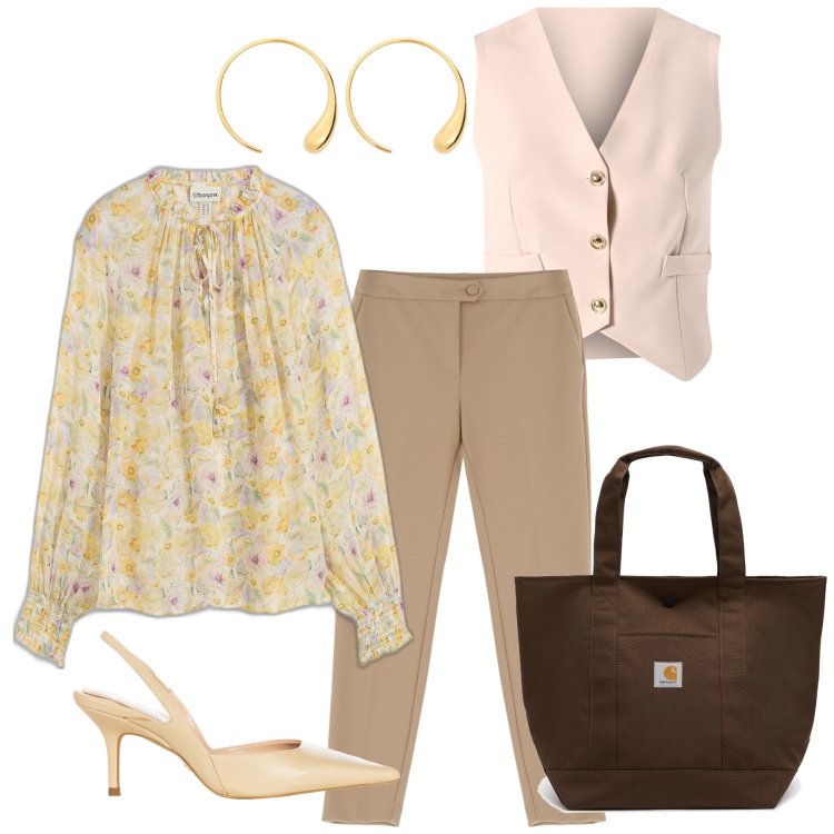 Outfit donna - Una camicia tutta nuova. Stile Chic per Tutti i giorni. Abbinamento con bluse, pantaloni, gilet, décolleté, orecchini, borse tote.