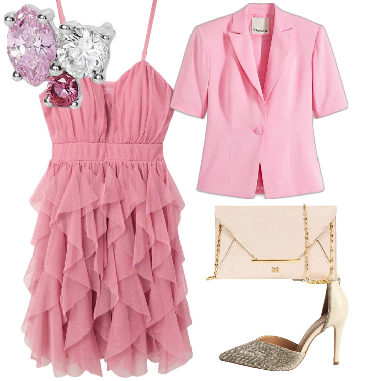 Outfit donna - Pink spring. Stile Bon Ton per Cerimonia. Abbinamento con blazer, décolleté, vestiti corti, orecchini, pochette.