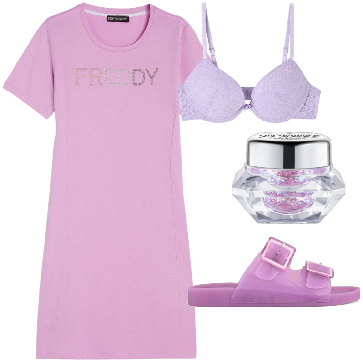 Outfit donna - Violetta a casa. Stile Basic per Tutti i giorni. Abbinamento con ombretti, reggiseni, vestiti lunghi, sandali.