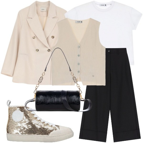 Outfit donna - Lo stile casual chic per la primavera. Stile Casual chic per Tutti i giorni. Abbinamento con sneakers alte, gilet, t-shirt, borse a mano, pantaloni a palazzo, blazer.