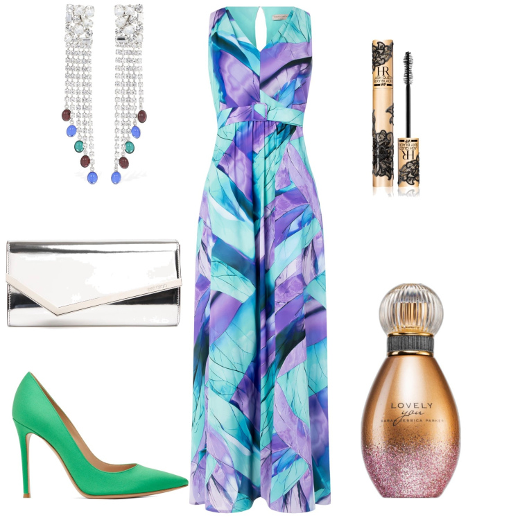 Outfit donna - Lovely. Stile Glamour per Serata fuori. Abbinamento con profumi, mascara, vestiti lunghi, orecchini, pochette, décolleté.