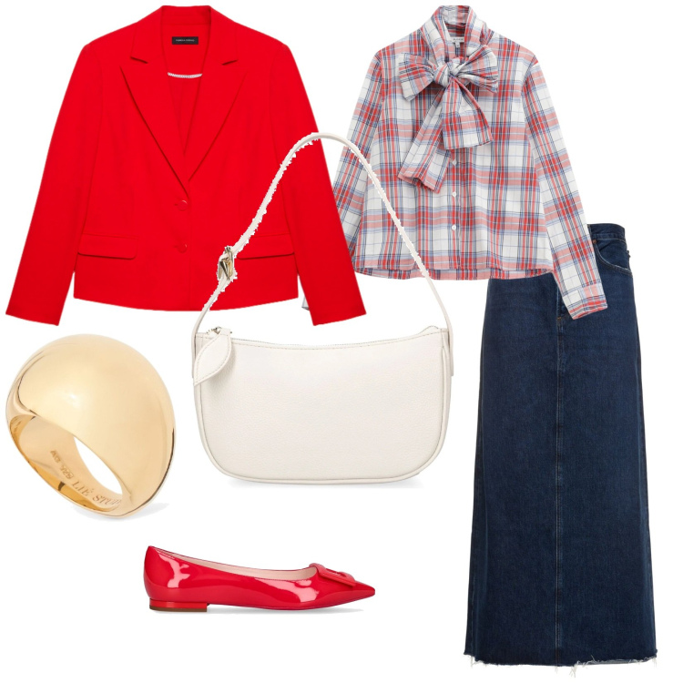 Outfit donna - Oro e rosso. per Ufficio. Abbinamento con camicie, blazer, gonne, ballerine, anelli, borse a spalla.