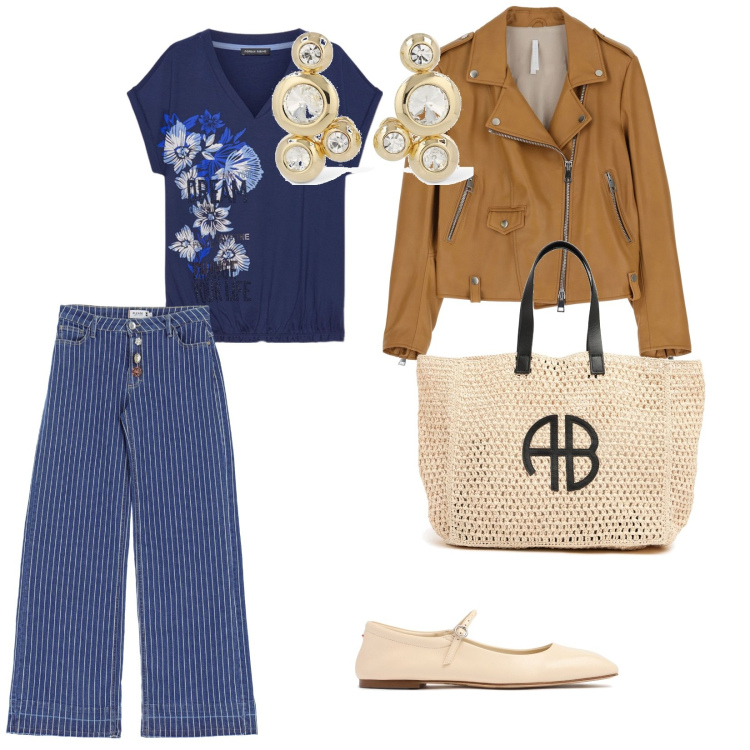Outfit donna - In città. per Tutti i giorni. Abbinamento con jeans, giacche, shopping bag, orecchini, sandali in pelle, t-shirt.