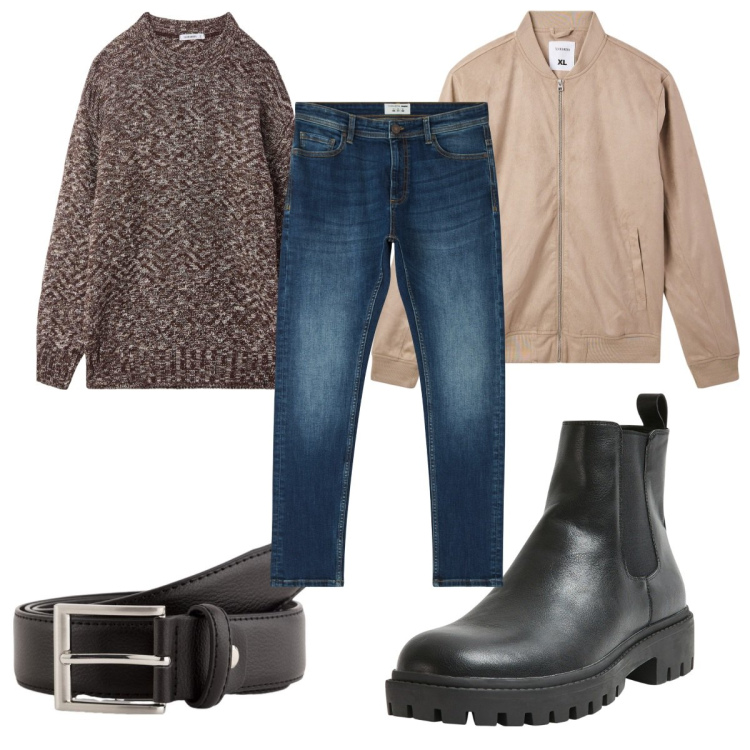 Outfit uomo - Total look #2095231. Stile Casual per Tutti i giorni. Abbinamento con stivali e stivaletti, jeans skinny, maglieria, bomber, cinture.