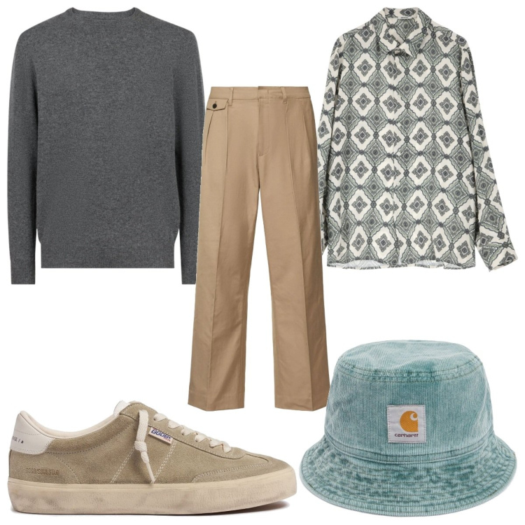 Outfit uomo - Total look #2095232. Stile Trendy per Tutti i giorni. Abbinamento con camicie, maglieria, sneakers, pantaloni chino, cappelli.