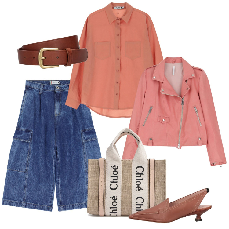 Outfit donna - Pesca e denim. Stile Casual chic per Tutti i giorni. Abbinamento con décolleté, bermuda, camicie, giacche, borse a mano, cinture.