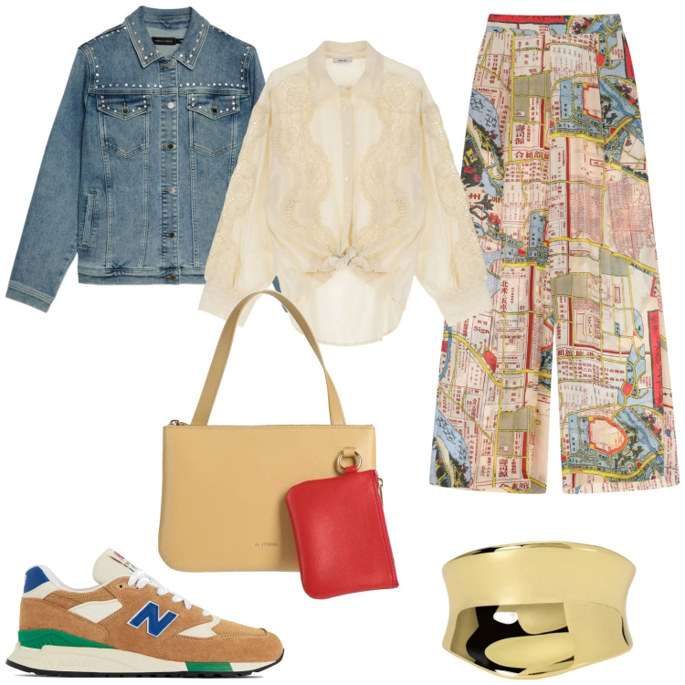 Outfit donna - Casual chic primavera. Stile Casual chic per Tutti i giorni. Abbinamento con borse a mano, anelli, sneakers, camicie, pantaloni a palazzo, blazer.