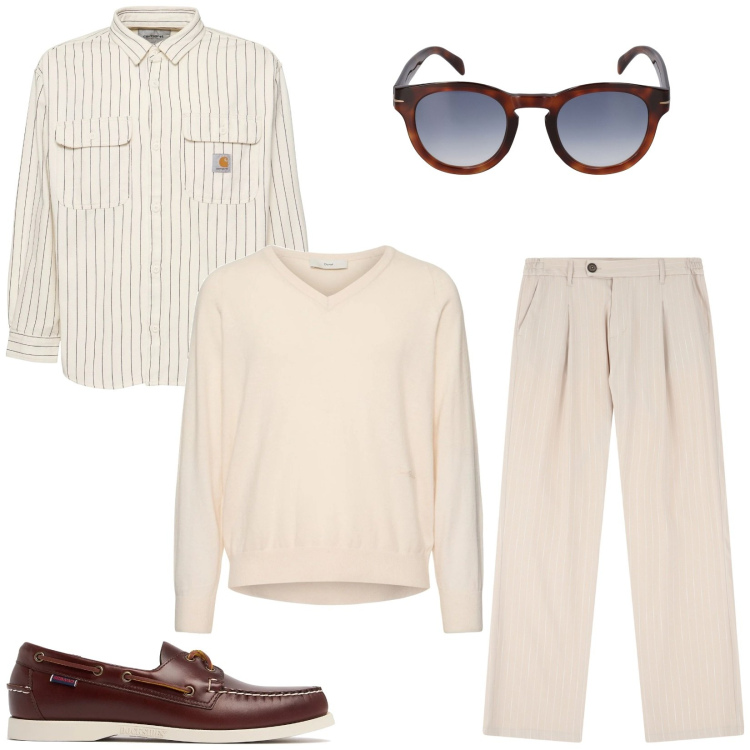Outfit uomo - Accessori per la primavera. Stile Casual per Ufficio. Abbinamento con pantaloni, occhiali da sole, scarpe stringate, pullovers, camicie.