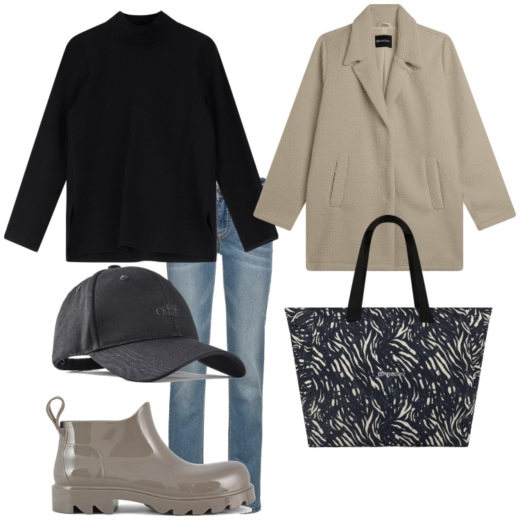 Outfit donna - Total look #2095245. Stile Casual per Tutti i giorni. Abbinamento con jeans dritti, cappelli con visiera, maglieria, cappotti, shopping bag, stivali.