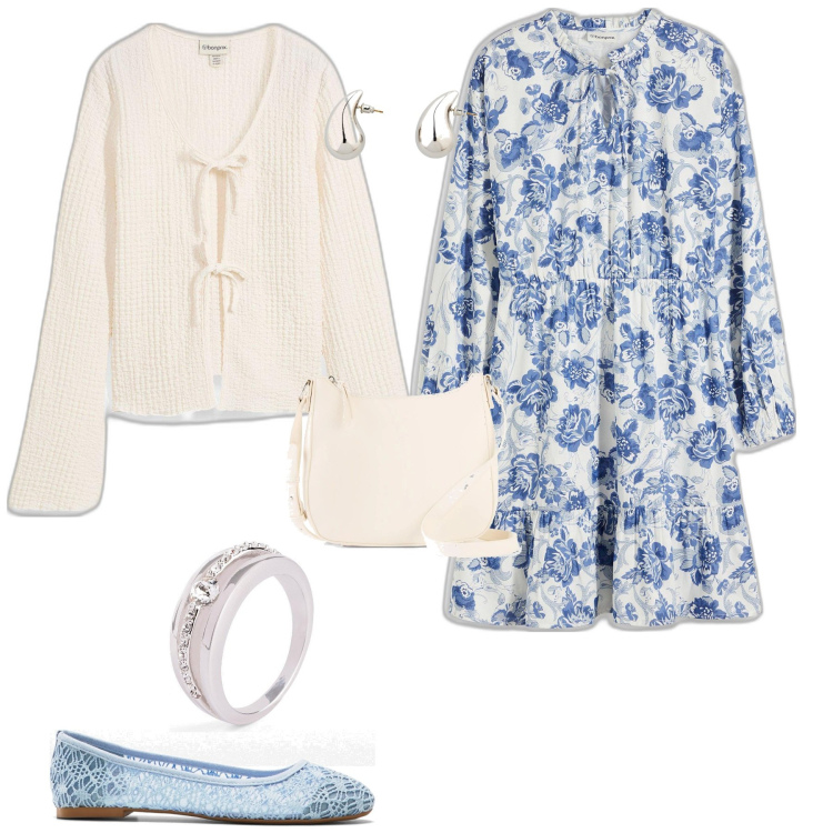 Outfit donna - Boho per il mare. Stile Boho per Mare. Abbinamento con ballerine, anelli, cardigans, vestiti, borse a tracolla, orecchini.