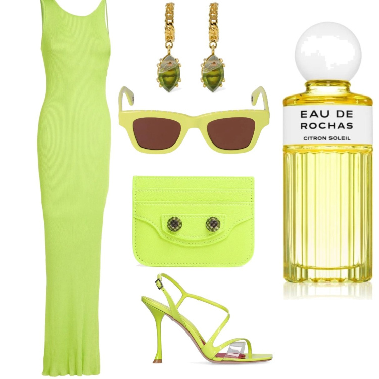 Outfit donna - Oggi sono Acida. Stile Sexy per Mare. Abbinamento con vestiti lunghi, profumi, portafogli, occhiali da sole, orecchini, sandali in pelle.