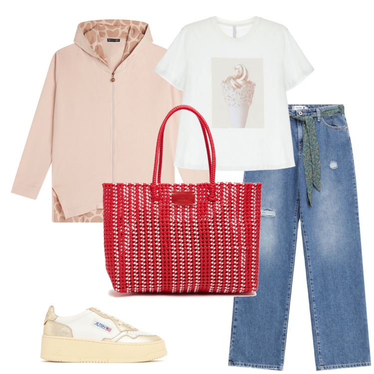 Outfit donna - Shopper rossa. Stile Casual per Tutti i giorni. Abbinamento con jeans strappati, t-shirt, felpe con cappuccio, shopping bag, sneakers.