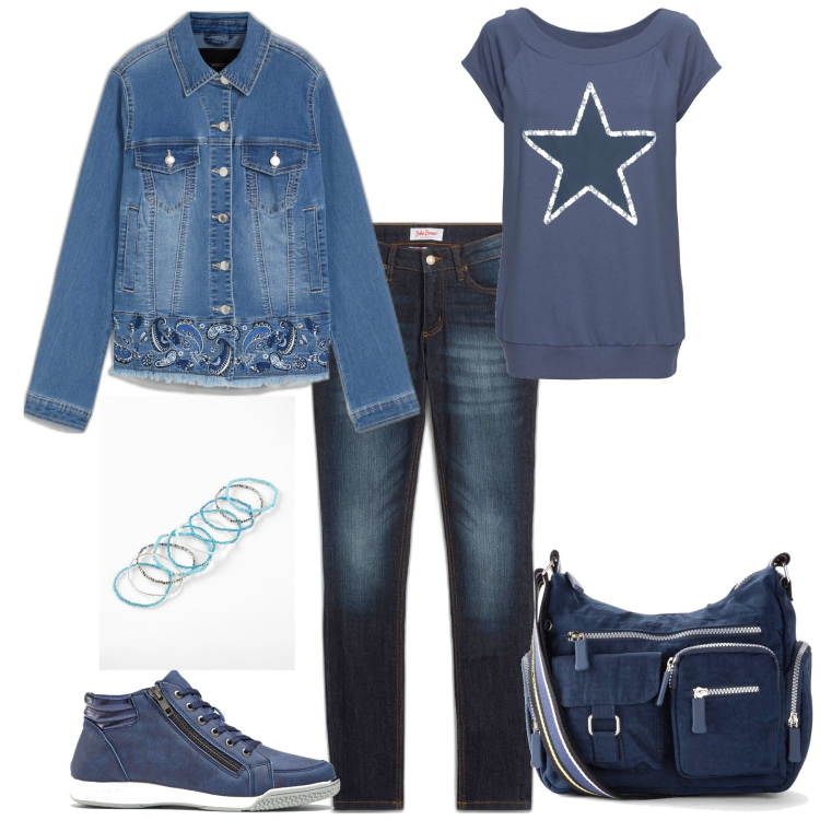Outfit donna - Total look #2095252. Stile Urban per Tutti i giorni. Abbinamento con jeans skinny, t-shirt, sneakers alte, borse a tracolla, blazer, braccialetti.