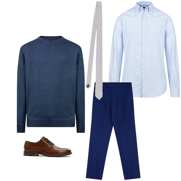 Outfit uomo - Blu e cravatta. Stile Business/Elegante per Ufficio. Abbinamento con scarpe stringate, pantaloni, maglieria, cravatte, camicie.