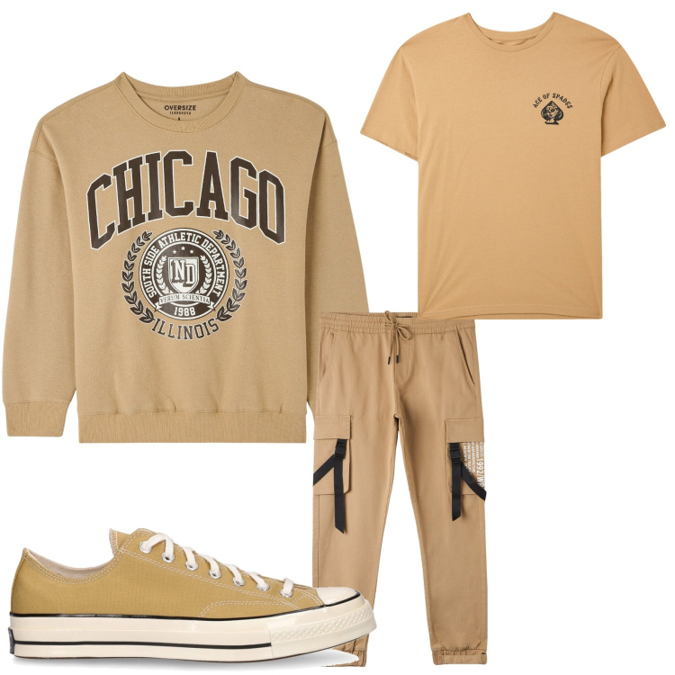Outfit uomo - Chicago. Stile Casual per Tutti i giorni. Abbinamento con t-shirt, pantaloni cargo, felpe, sneakers.