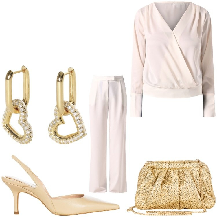 Outfit donna - Con il cuore. Stile Chic per Serata fuori. Abbinamento con pantaloni, clutch, bluse, décolleté, orecchini.