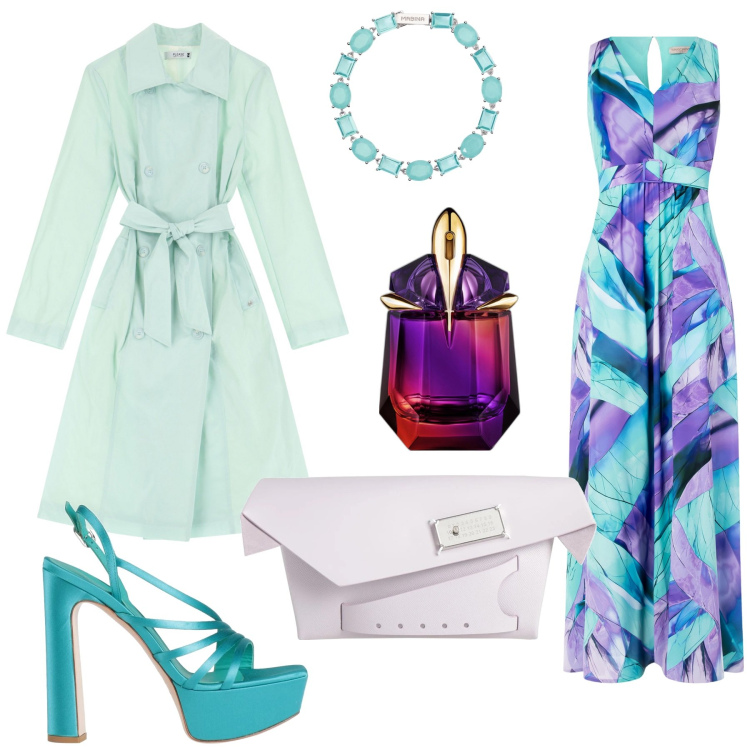 Outfit donna - Total look #2095264. Stile Chic per Cerimonia. Abbinamento con sandali in pelle, borse a mano, profumi, braccialetti, vestiti lunghi, trench.