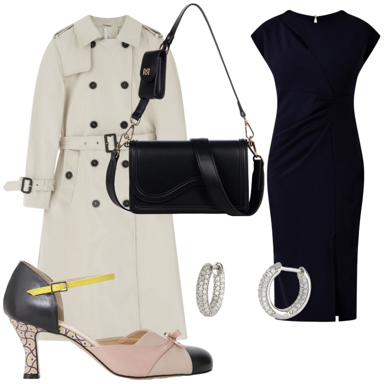 Outfit donna - Total look #2095267. Stile Chic per Ufficio. Abbinamento con trench, décolleté, orecchini, vestiti midi/longuette, pochette.