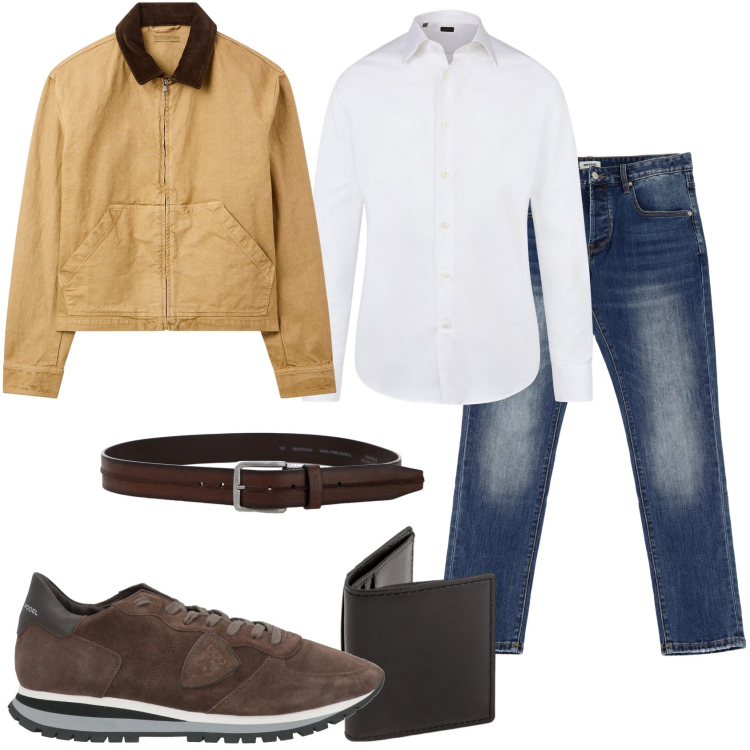 Outfit uomo - Tra poco uscirò. Stile Trendy per Tutti i giorni. Abbinamento con sneakers, cappotti, cinture, jeans dritti, camicie, portafogli.
