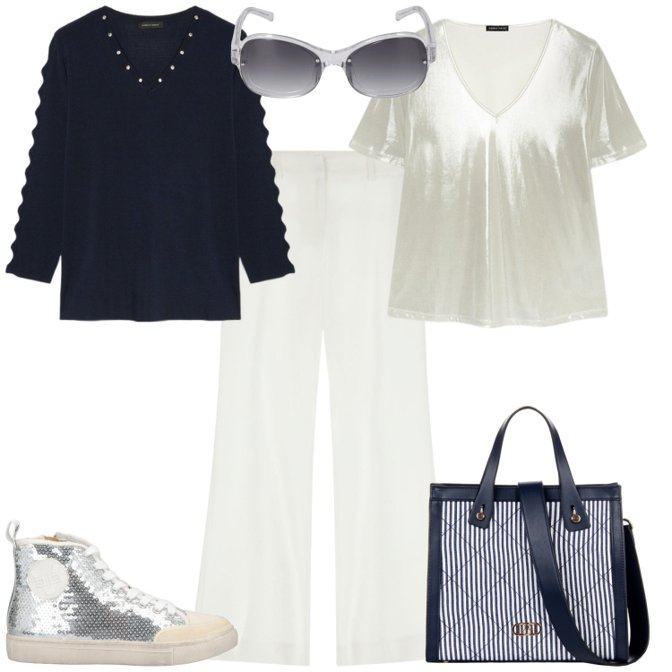 Outfit donna - Bianco e blu sempre chic. Stile Sporty chic per Tutti i giorni. Abbinamento con sneakers alte, shopping bag, pantaloni, maglieria, t-shirt, occhiali da sole.