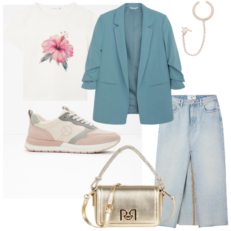Outfit donna - Le sneakers trendy. Stile Casual per Tutti i giorni. Abbinamento con sneakers, orecchini, gonne lunghe, t-shirt, blazer, borse a mano.