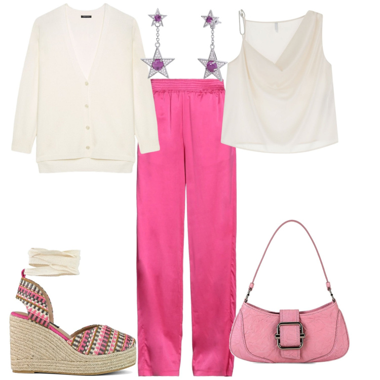 Outfit donna - Total look #2095275. Stile Casual chic per Tutti i giorni. Abbinamento con pantaloni, orecchini, top, zeppe, borse a spalla, cardigans.