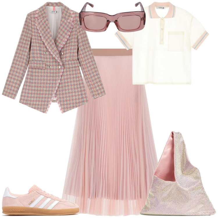 Outfit donna - Sneakers con gonna lunga glamour. Stile Glamour per Tutti i giorni. Abbinamento con blazer, polo, gonne lunghe, sneakers, occhiali da sole, borse a spalla.