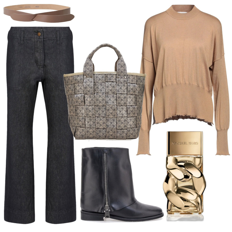 Outfit donna - Sobriamente casual chic. Stile Casual chic per Tutti i giorni. Abbinamento con pullovers, profumi, cinture, stivaletti, pantaloni, borse a mano.