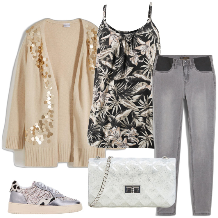 Outfit donna - Paillettes oro. Stile Casual per Tutti i giorni. Abbinamento con jeans, top, cardigans, borse a tracolla, sneakers.