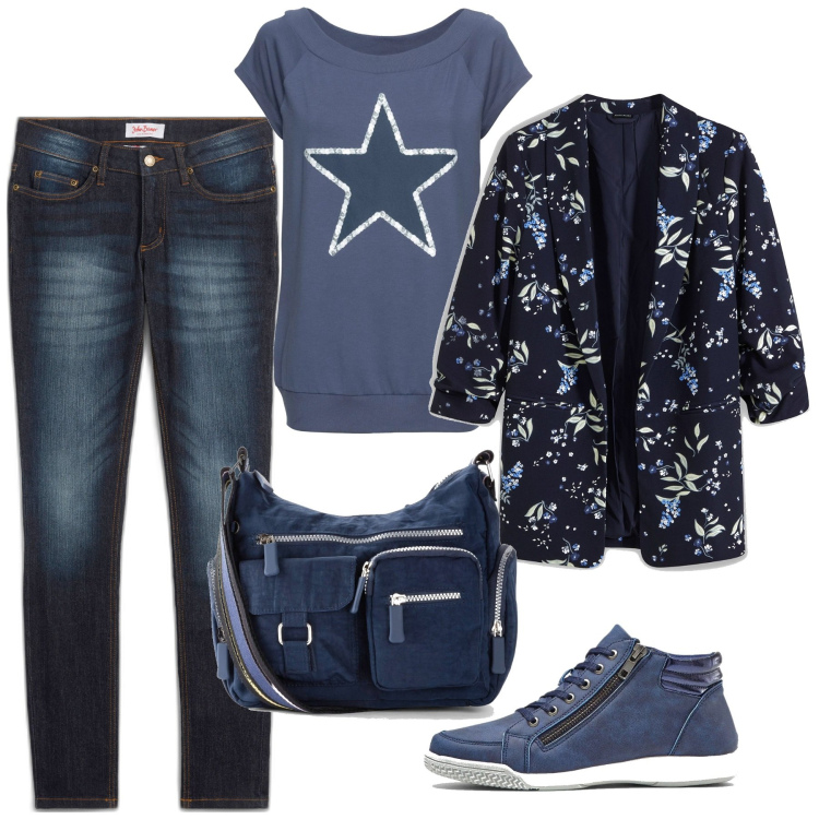Outfit donna - Bonprix colori e fantasie di tendenza. Stile Casual chic per Tutti i giorni. Abbinamento con t-shirt, jeans skinny, sneakers alte, borse a tracolla, blazer.