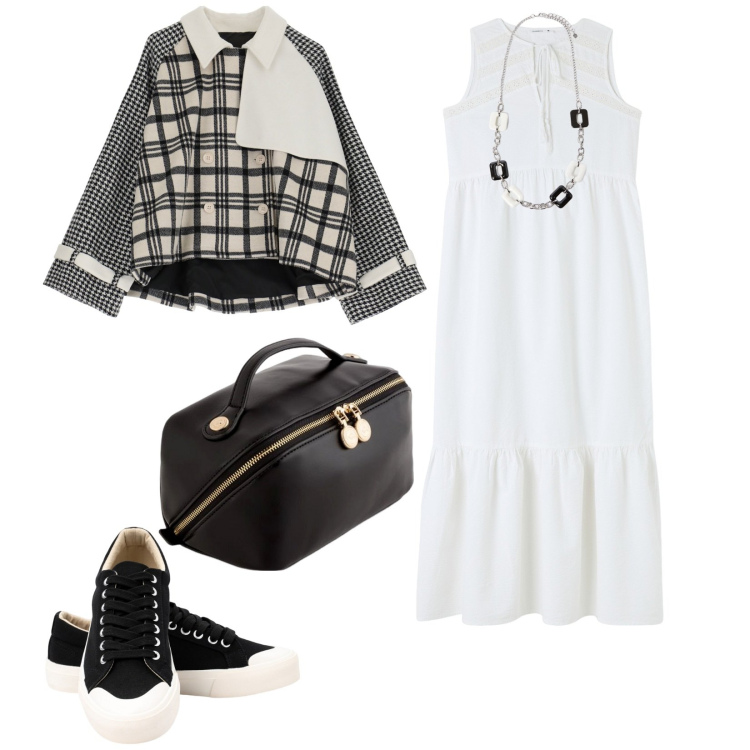 Outfit donna - Preparativi per partire. per Tutti i giorni. Abbinamento con vestiti midi/longuette, blazer, sneakers, collane, valigie.
