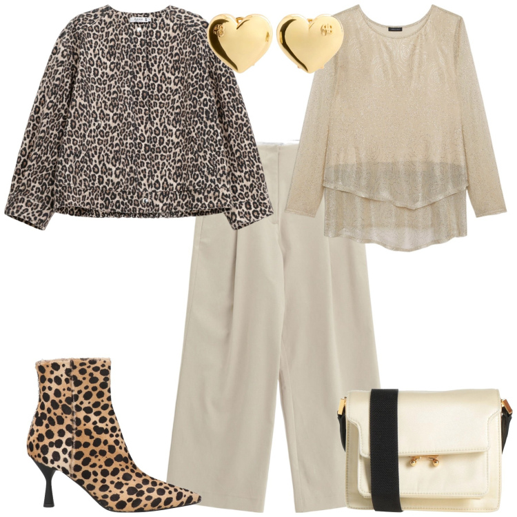 Outfit donna - Cerimonia evento serata speciale. Stile Chic per Serata fuori. Abbinamento con borse a tracolla, stivaletti, blazer, pantaloni a palazzo, t-shirt, orecchini.