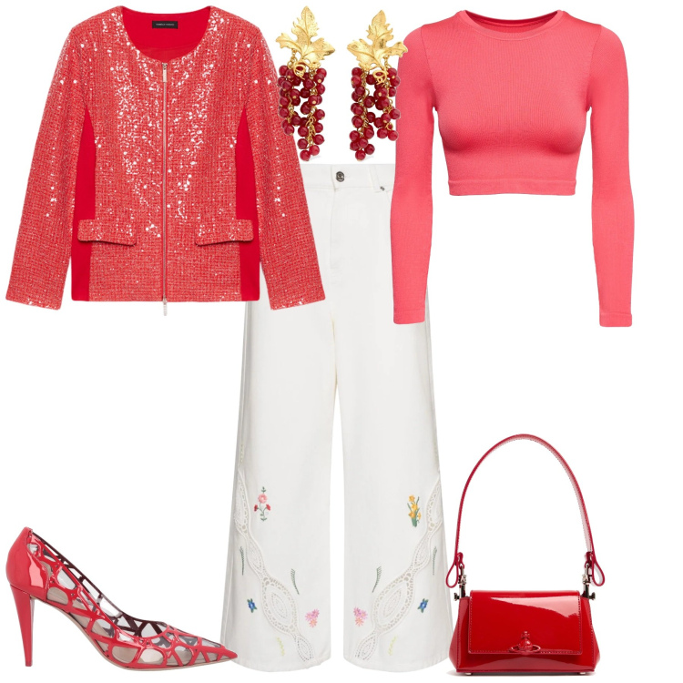 Outfit donna - Evento serata glamour. Stile Glamour per Serata fuori. Abbinamento con décolleté, blazer, pantaloni, orecchini, borse a spalla, top.