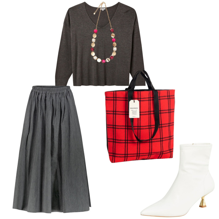 Outfit donna - Uscita tra amiche. per Serata fuori. Abbinamento con stivaletti, maglieria, borse tote, collane, gonne.