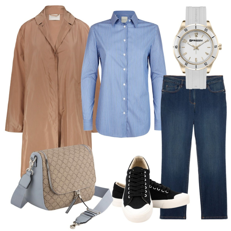 Outfit donna - Trench casual. Stile Casual per Tutti i giorni. Abbinamento con orologi, sneakers, trench, jeans dritti, borse a tracolla, camicie.