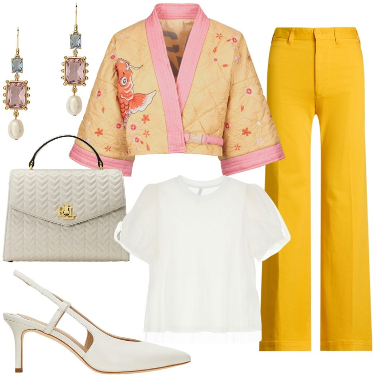 Outfit donna - Primavera style. Stile Glamour per Serata fuori. Abbinamento con t-shirt, pantaloni, décolleté, borse a mano, orecchini, kimono.