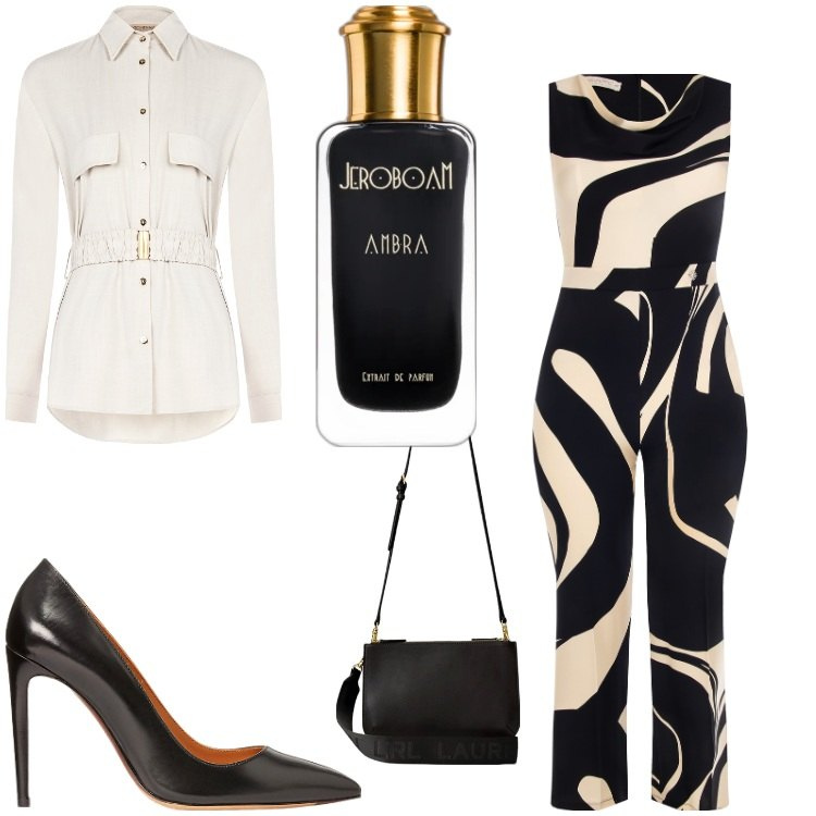 Outfit donna - Serata jumpsuit. per Serata fuori. Abbinamento con profumi, tute, blazer, borse a tracolla, décolleté.