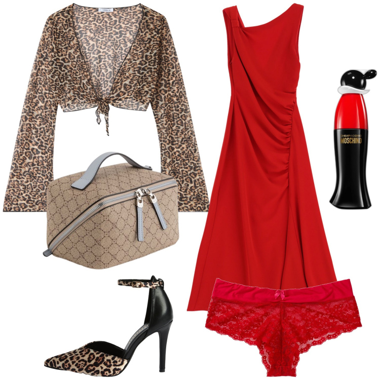 Outfit donna - Rosso e animalier. Stile Glamour per Serata fuori. Abbinamento con culotte, profumi, décolleté, bolero, vestiti asimmetrici, valigie.